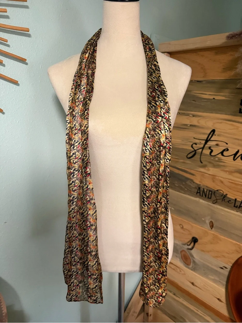 J. Garcia,  Multicolor Floral Silk Scarf with Red, Gold and Black Accents